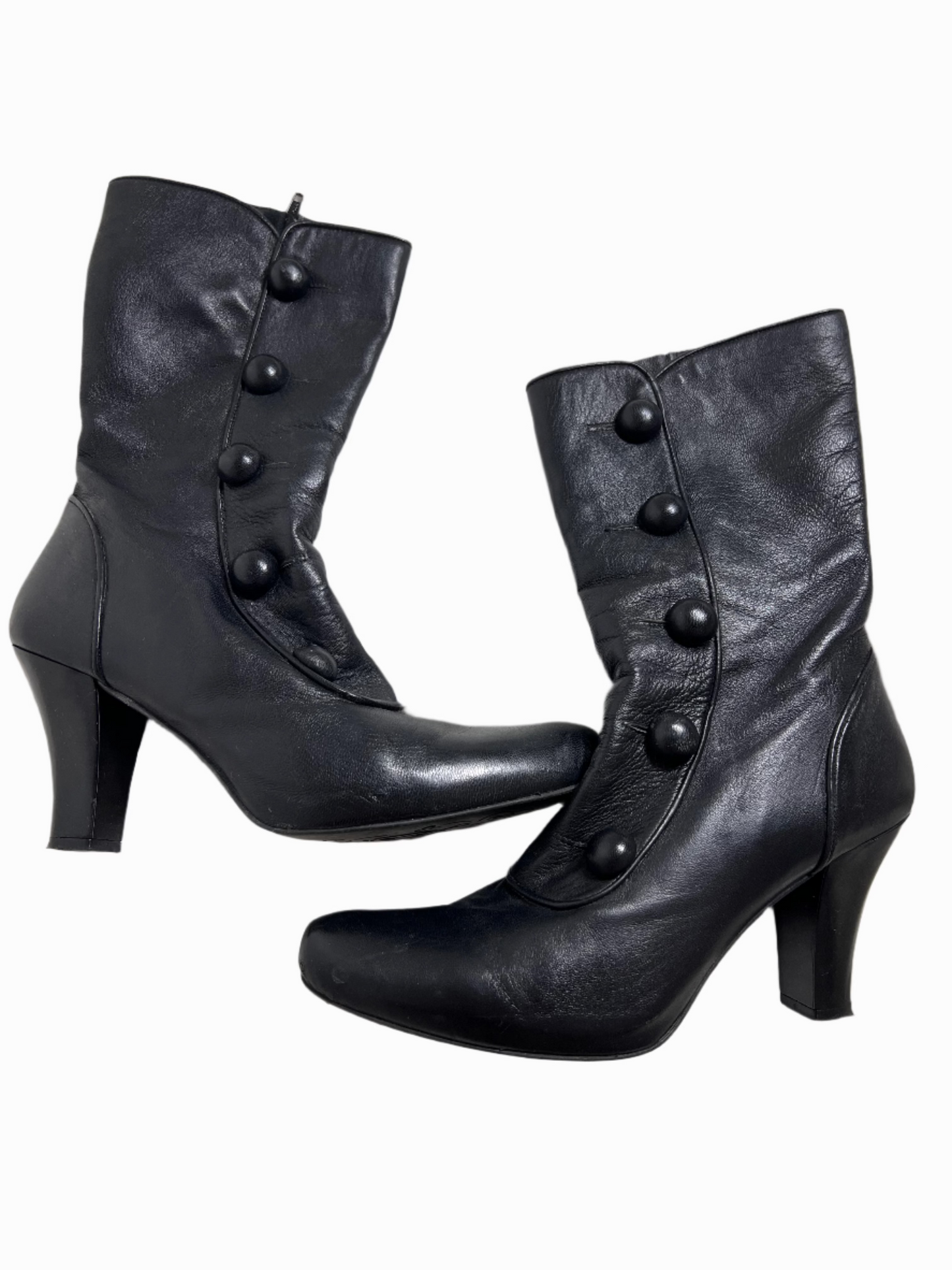 vintage eu black leather ankle boot heels with button detail