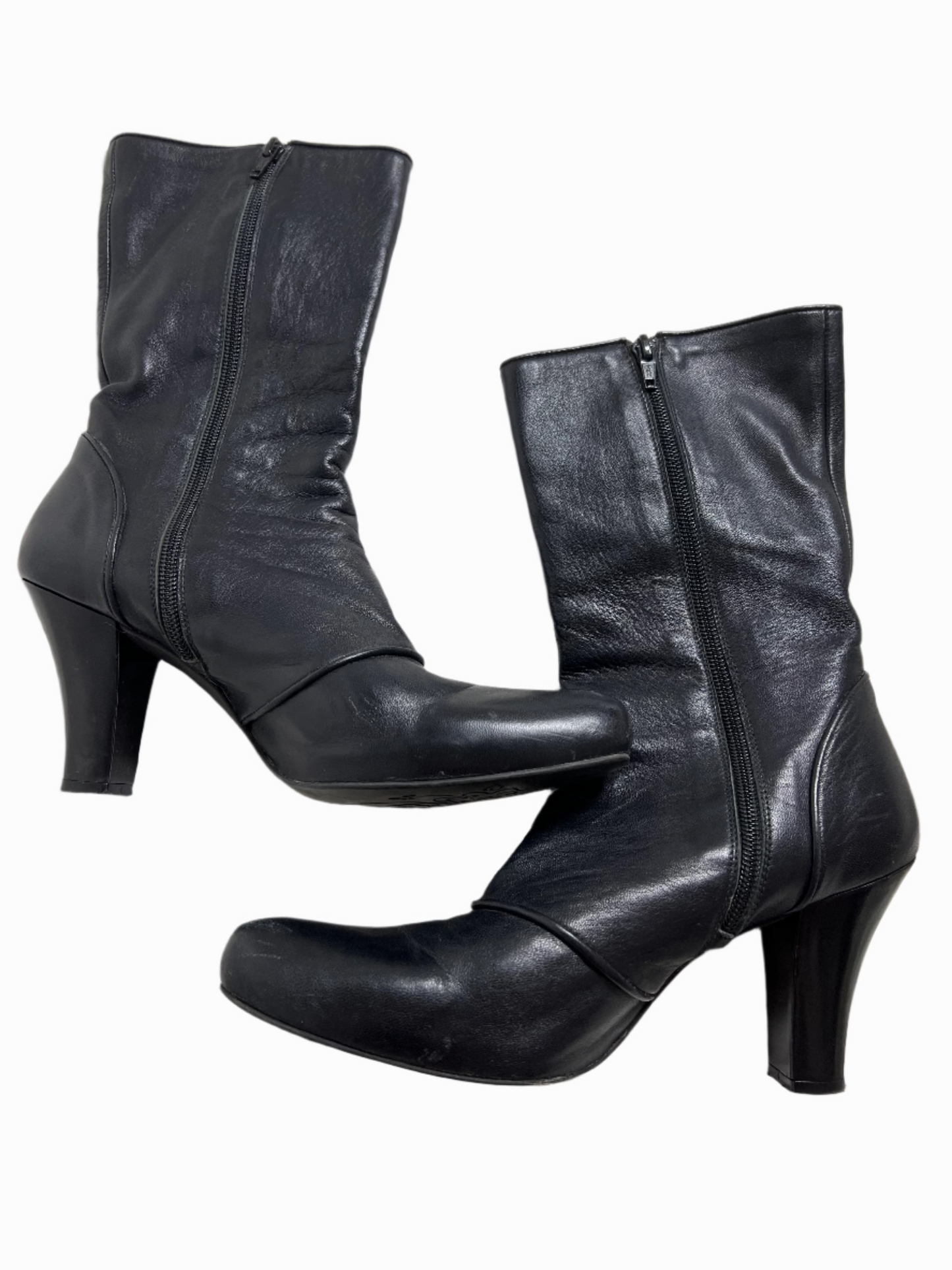 vintage eu black leather ankle boot heels with button detail