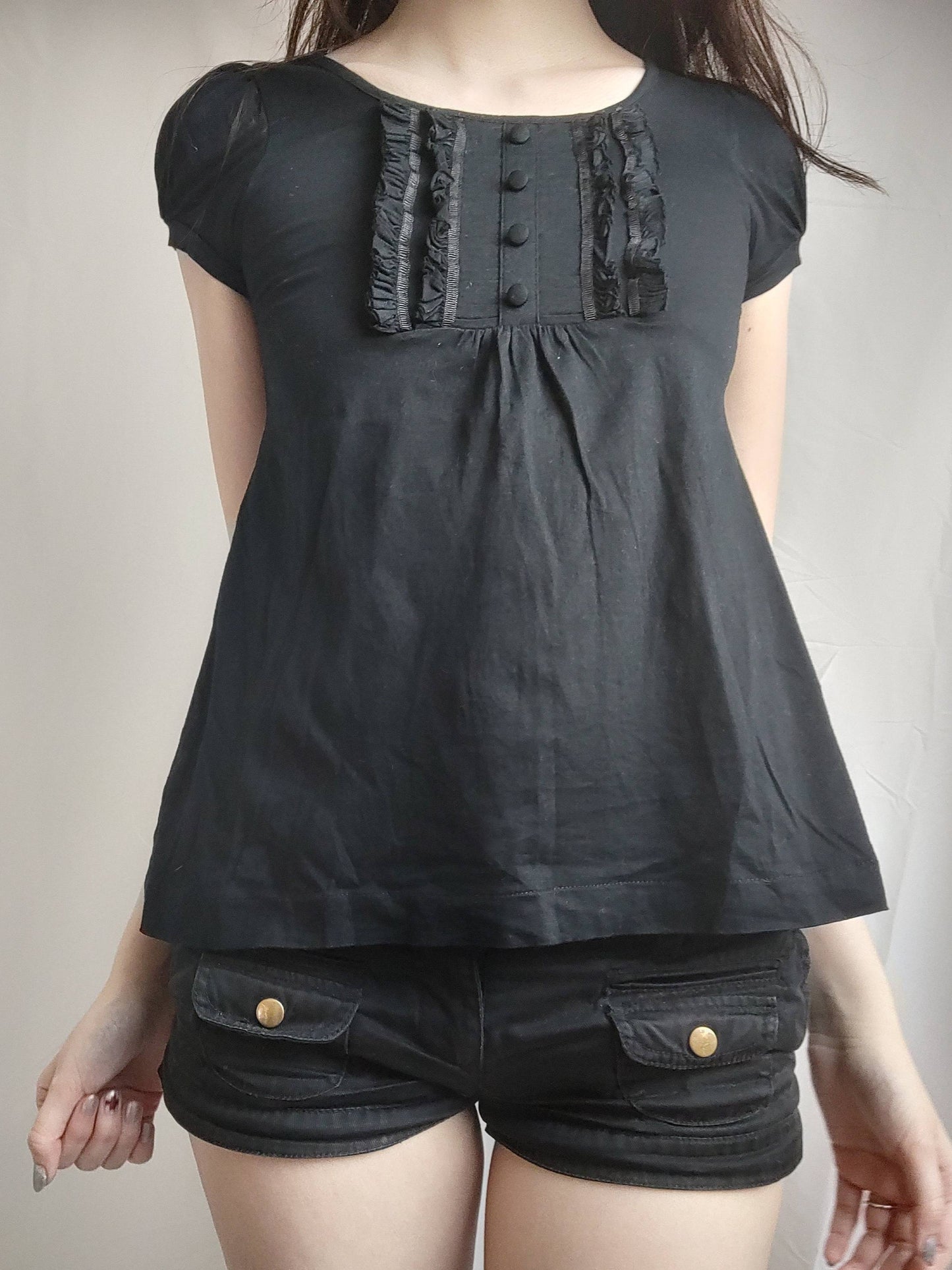 vintage eu label black short-sleeve babydoll blouse