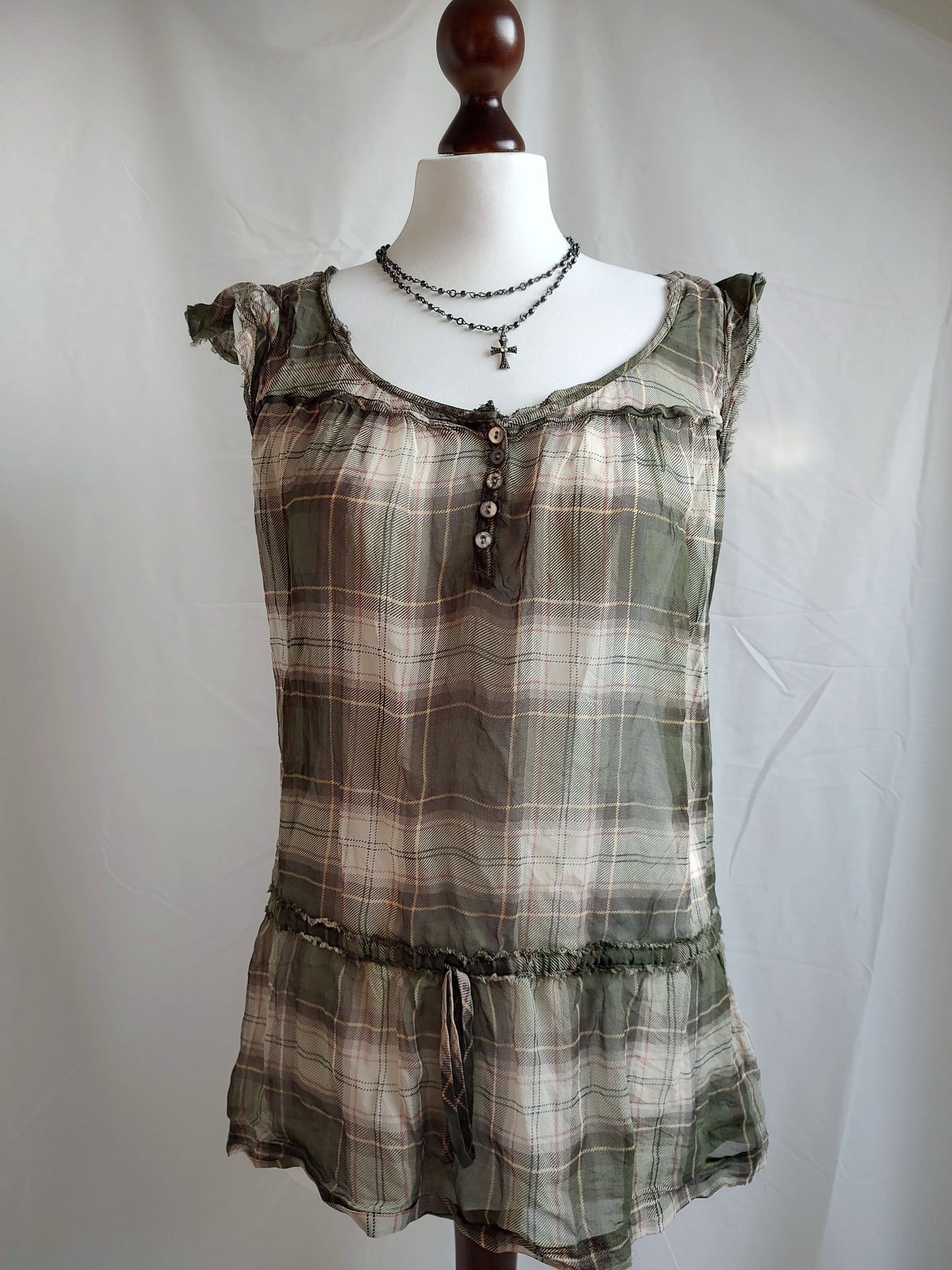 vintage abercrombie sheer khaki plaid babydoll top