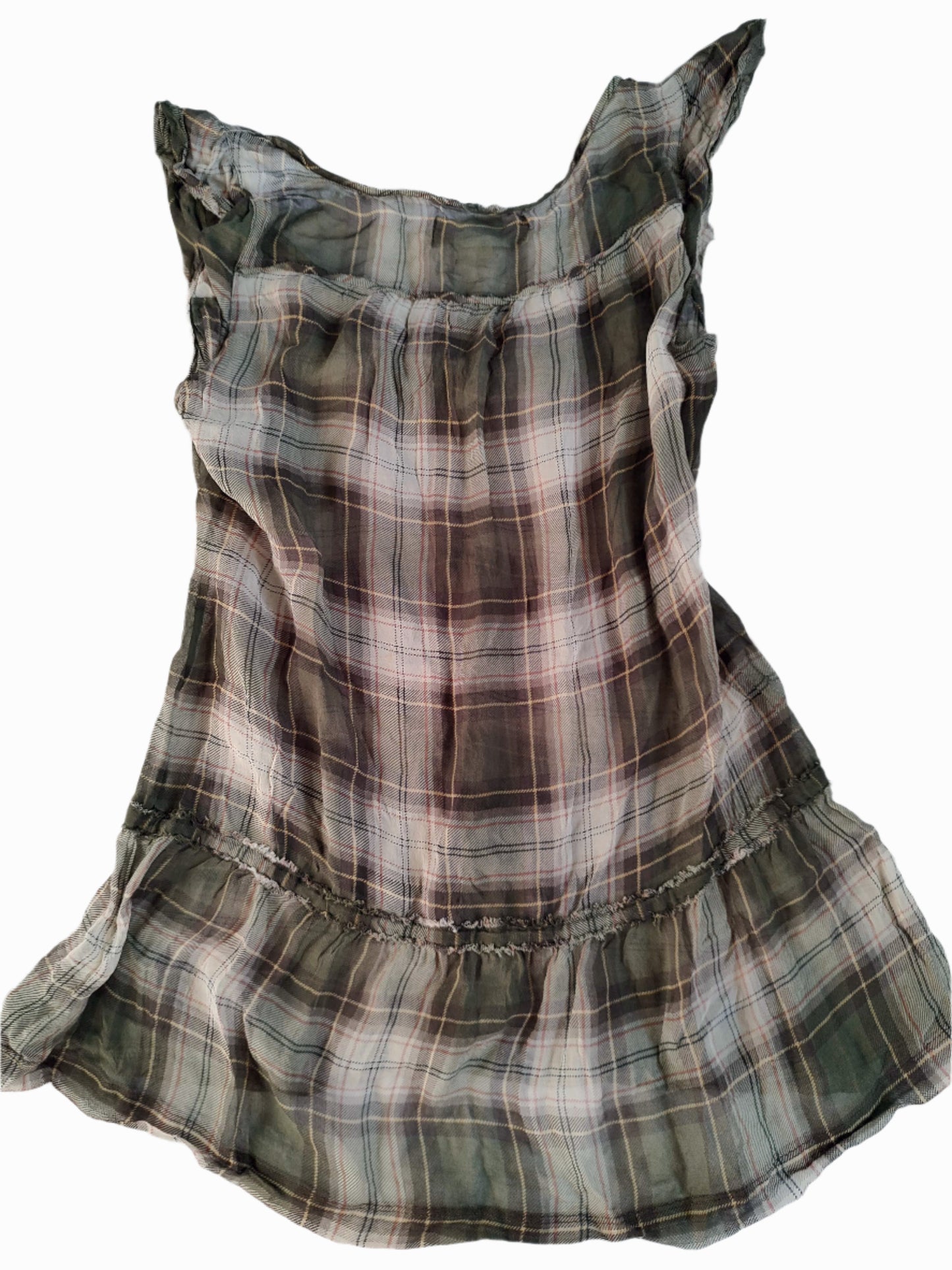 vintage abercrombie sheer khaki plaid babydoll top