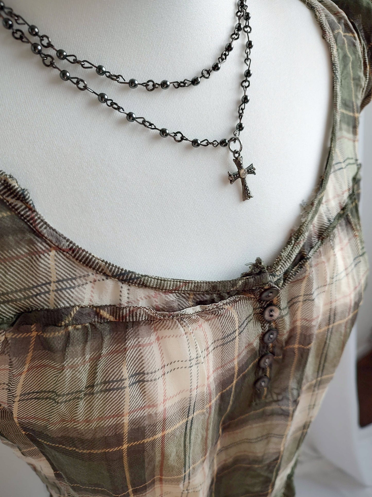 vintage abercrombie sheer khaki plaid babydoll top
