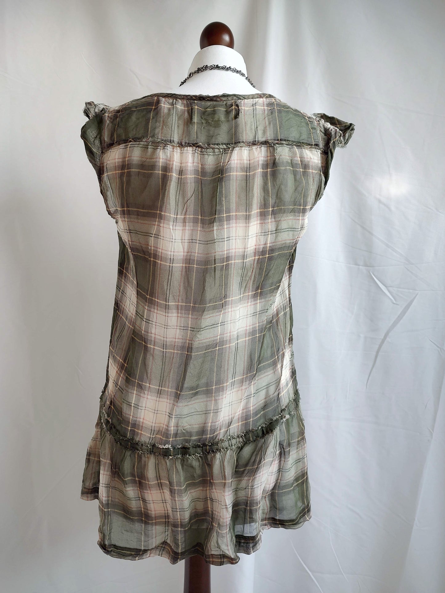 vintage abercrombie sheer khaki plaid babydoll top