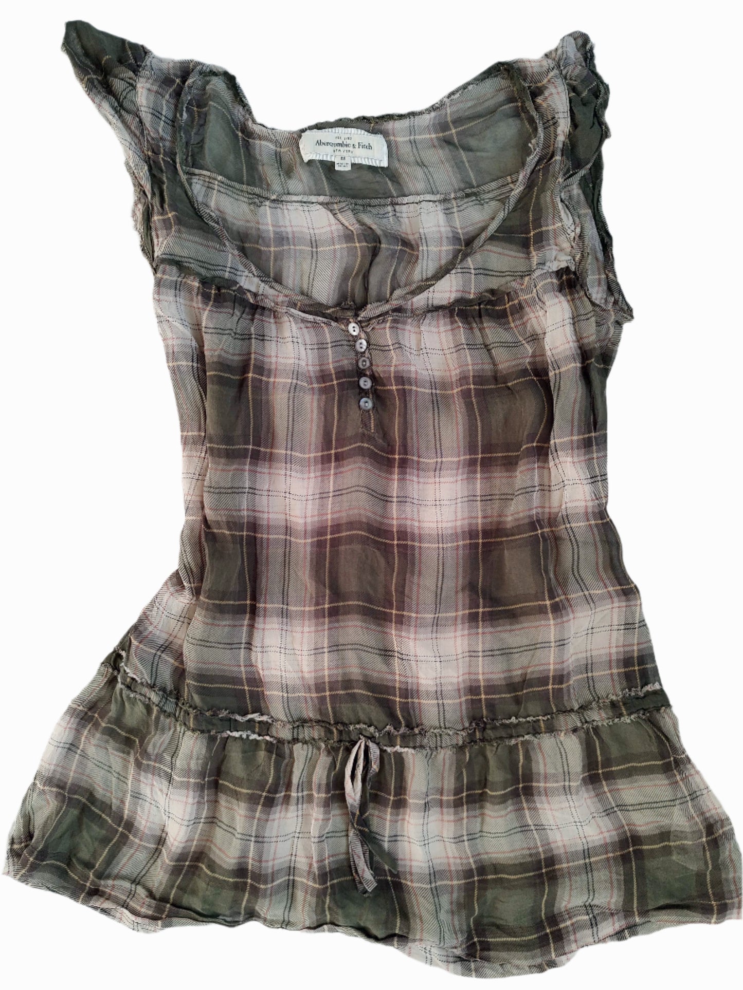 vintage abercrombie sheer khaki plaid babydoll top