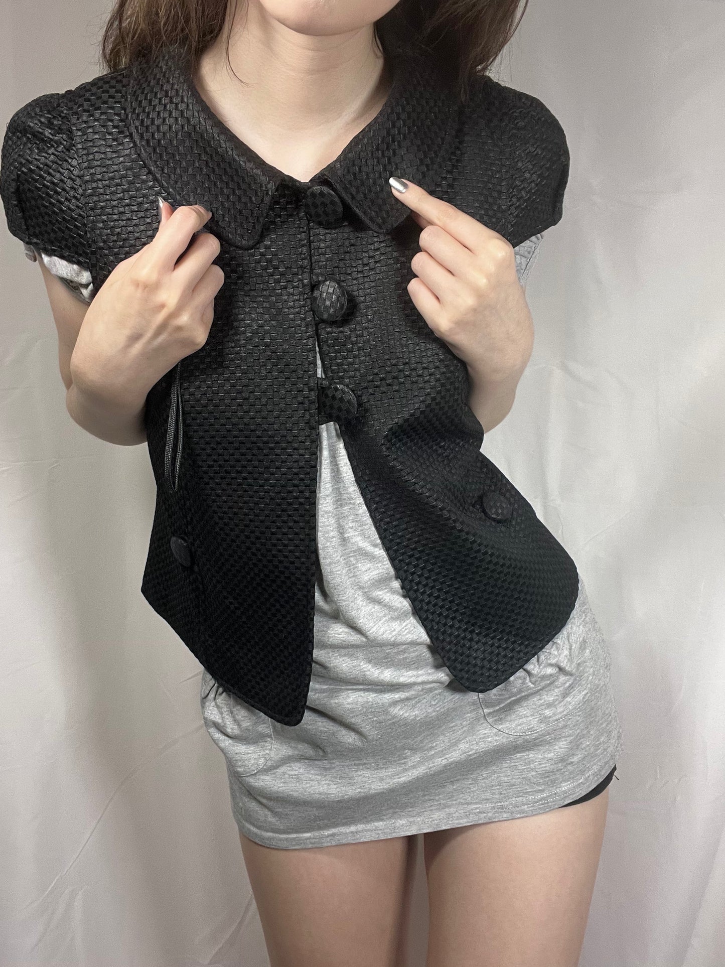 vintage eu label short sleeve black peacoat with collar and buttons