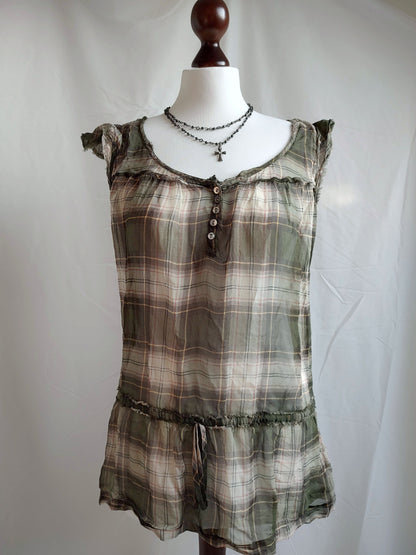 vintage abercrombie sheer khaki plaid babydoll top