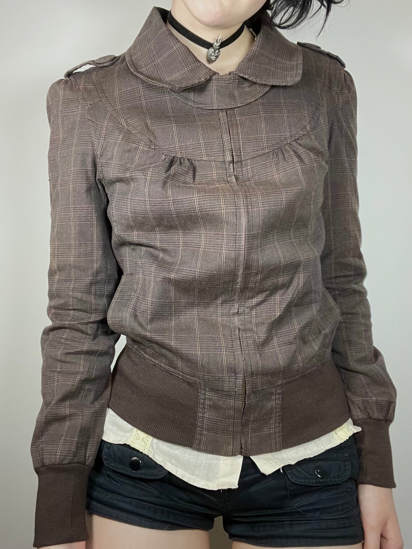 vintage brown plaid zip-up jacket