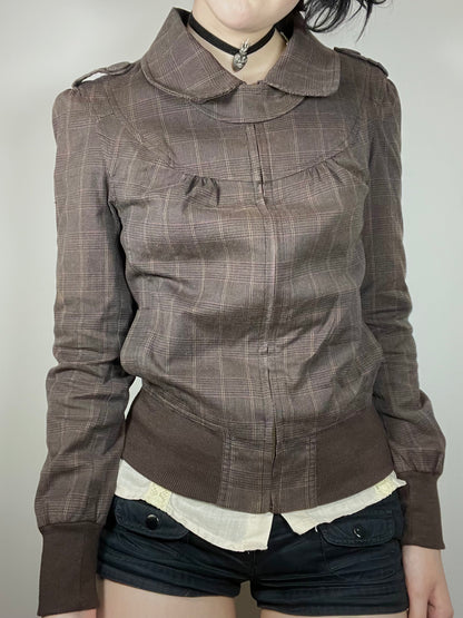 vintage brown plaid zip-up jacket