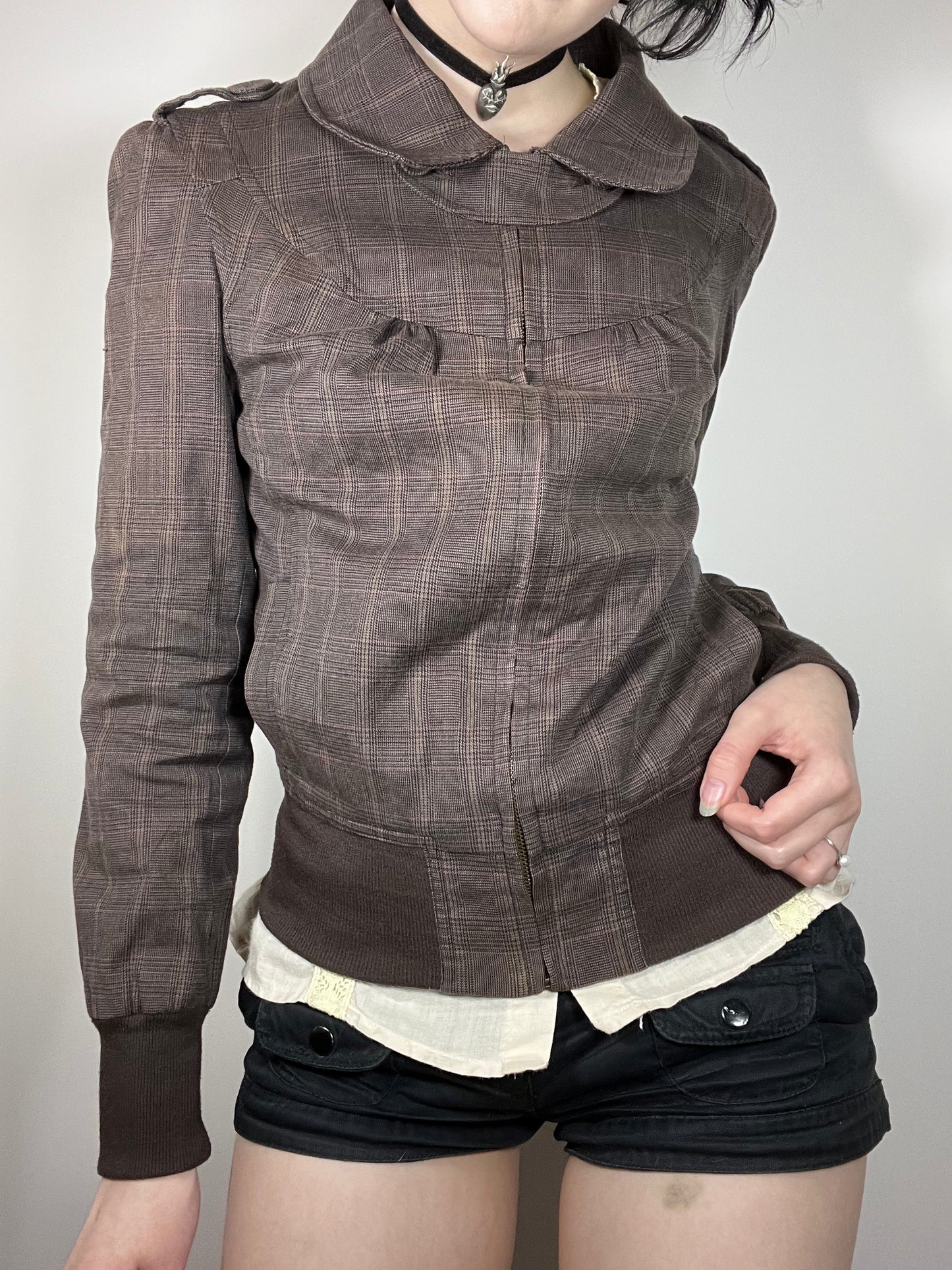 vintage brown plaid zip-up jacket