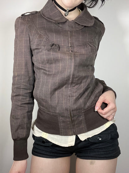 vintage brown plaid zip-up jacket
