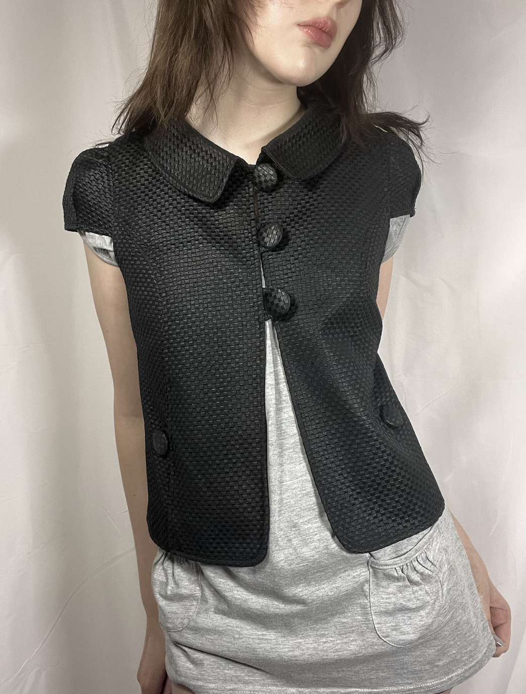 vintage eu label short sleeve black peacoat with collar and buttons