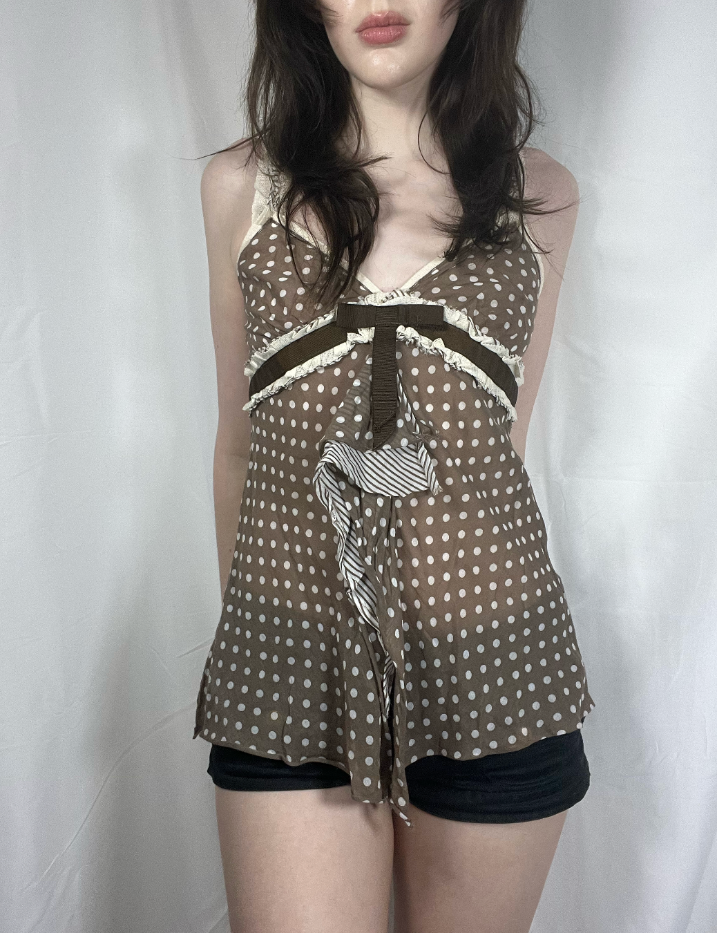 vintage eu label brown & white polka dot cami top