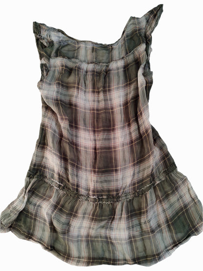 vintage abercrombie sheer khaki plaid babydoll top