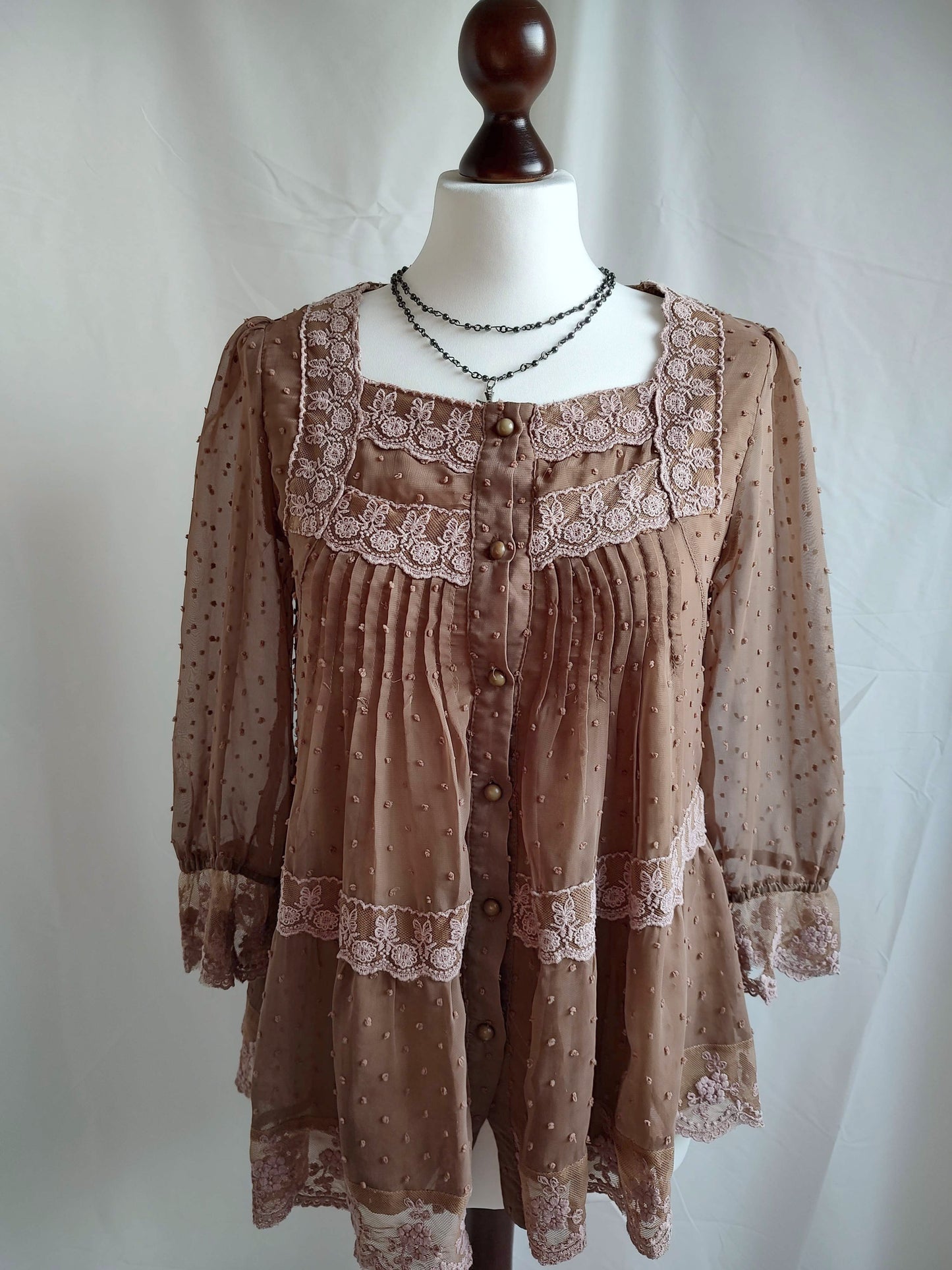 vintage eu label long-sleeve sheer layered brown blouse