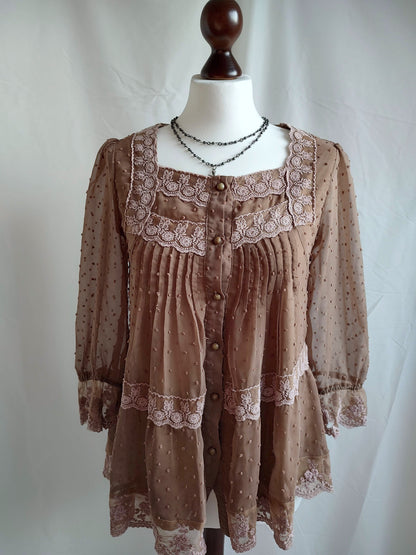 vintage eu label long-sleeve sheer layered brown blouse