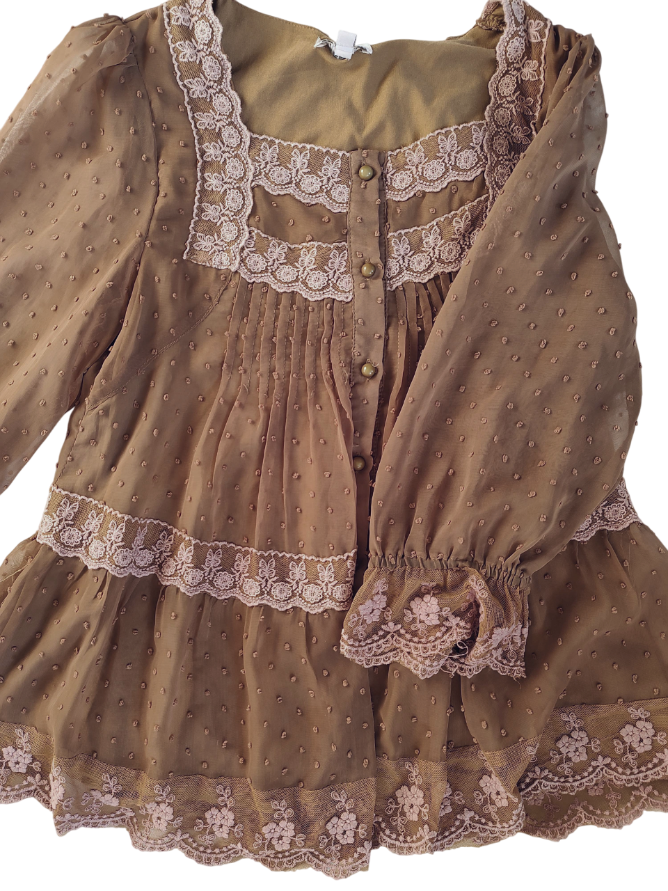 vintage eu label long-sleeve sheer layered brown blouse