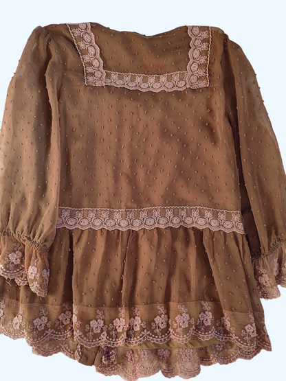 vintage eu label long-sleeve sheer layered brown blouse