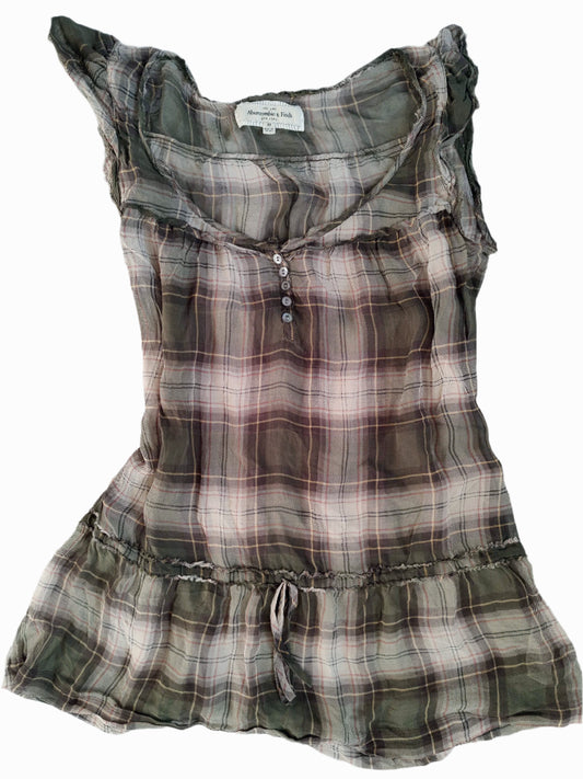 vintage abercrombie sheer khaki plaid babydoll top