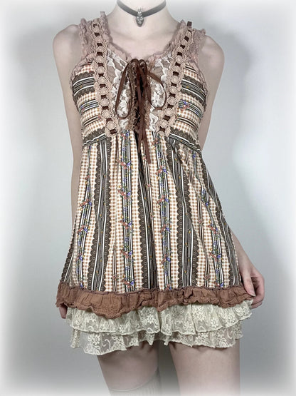 axes femme (jp label) brown gingham floral blouse