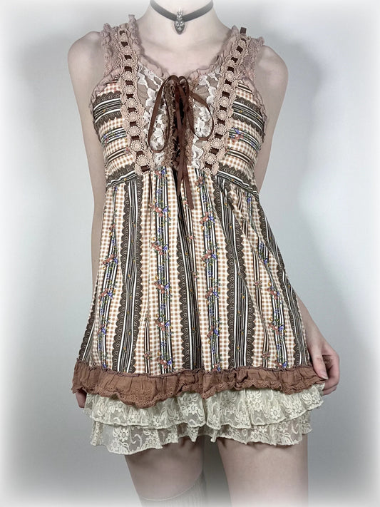 axes femme (jp label) brown gingham floral blouse