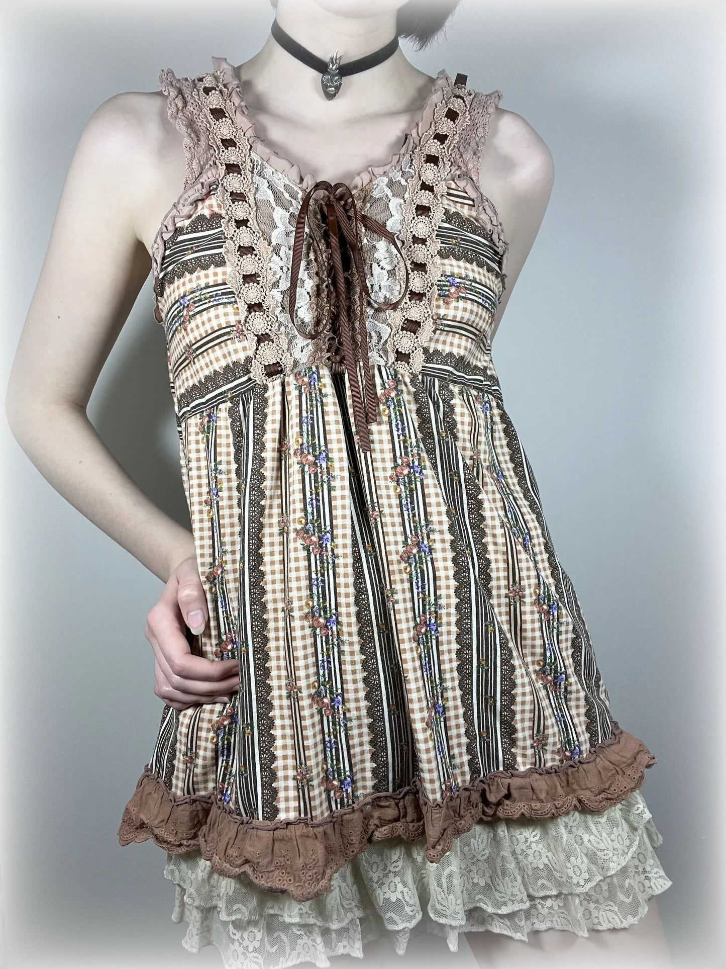 axes femme (jp label) brown gingham floral blouse