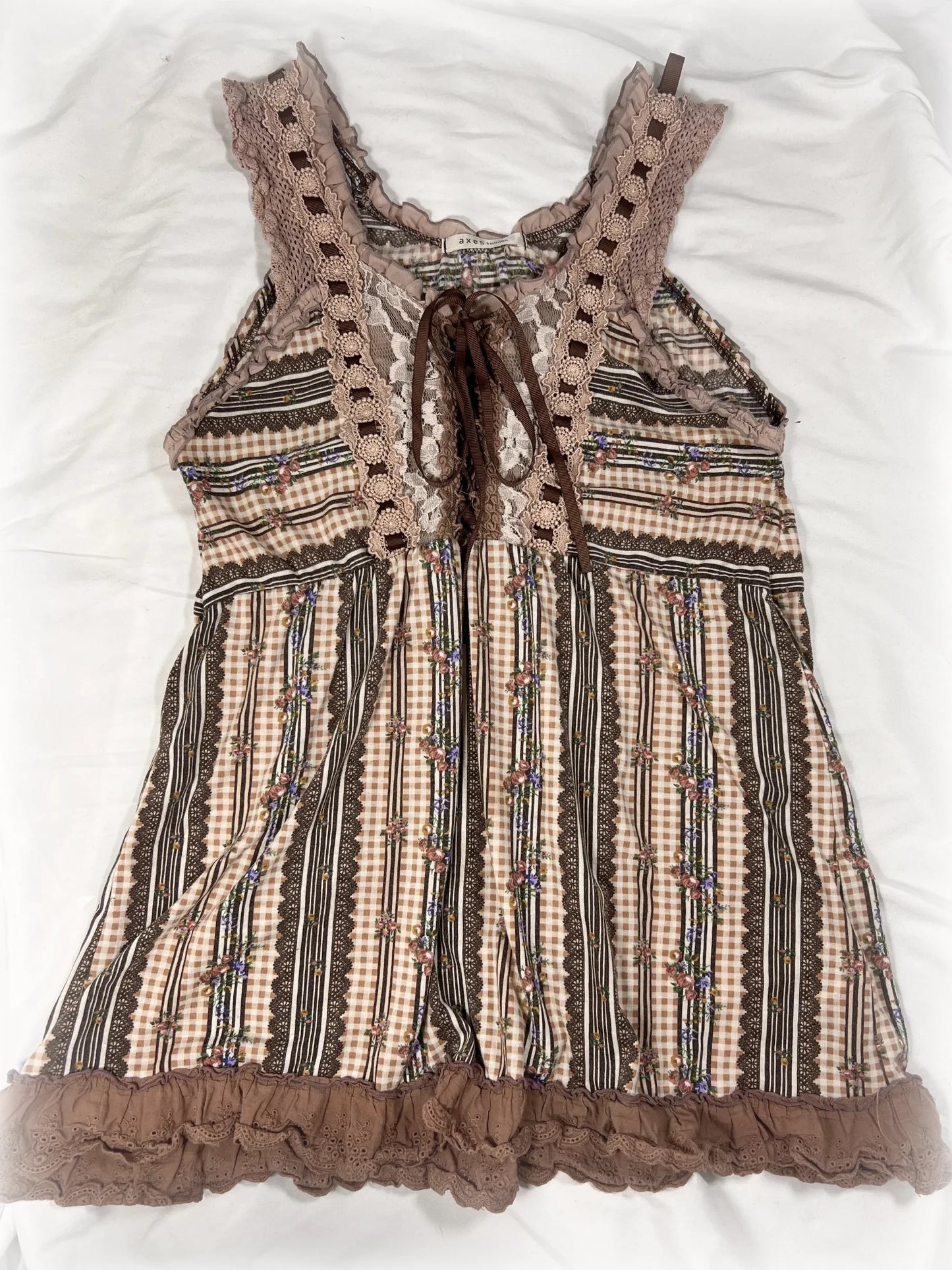axes femme (jp label) brown gingham floral blouse