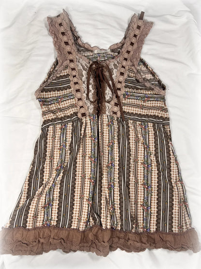 axes femme (jp label) brown gingham floral blouse