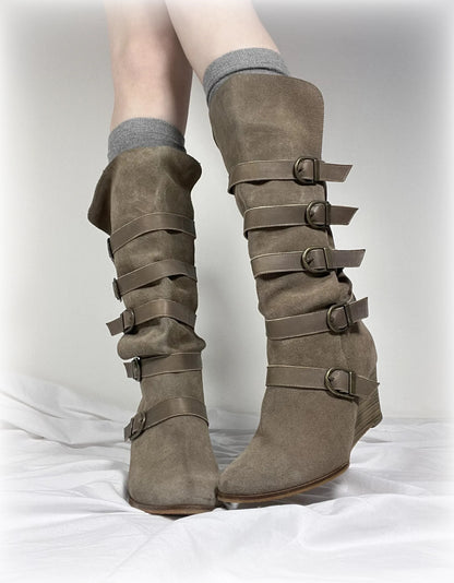 vintage beige suede wedge boots w/ buckles